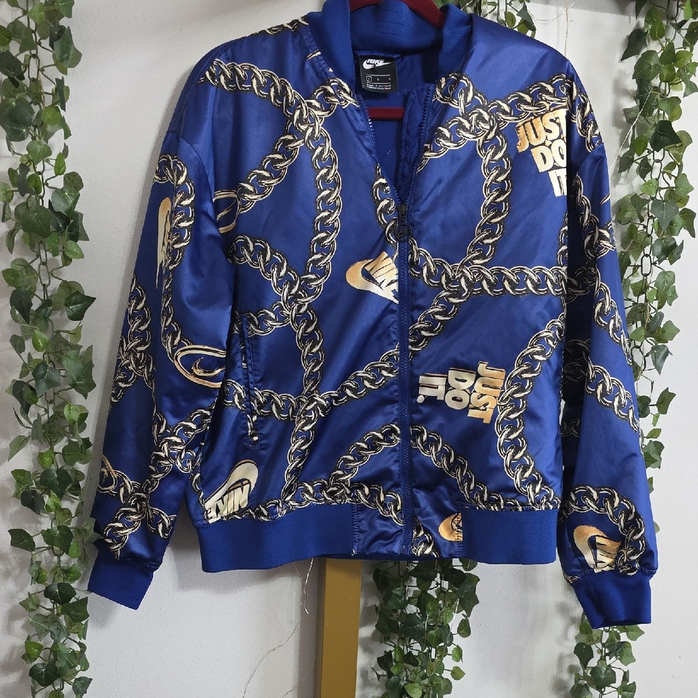 Nike Royal Blue Satin Bomber Jacket with Gold Chain Print